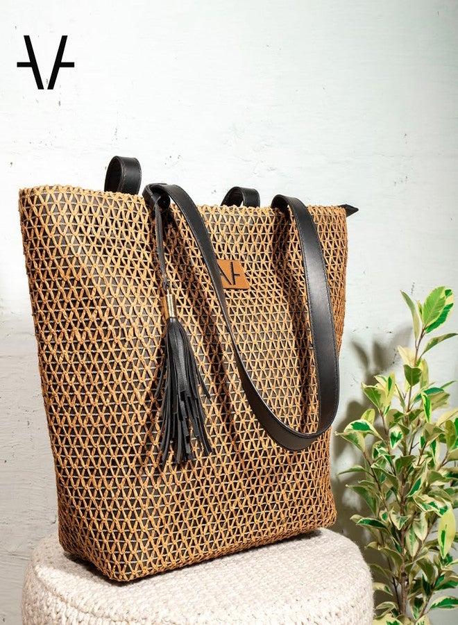 Avake Cocoa Cross Tote Bag with Raffia and Vegan Leather Accents | Fits 14-Inch Laptop | Stylish & Durable | Lightweight Shoulder Bag for Work, Travel & Daily Use | Made in India - Image 2